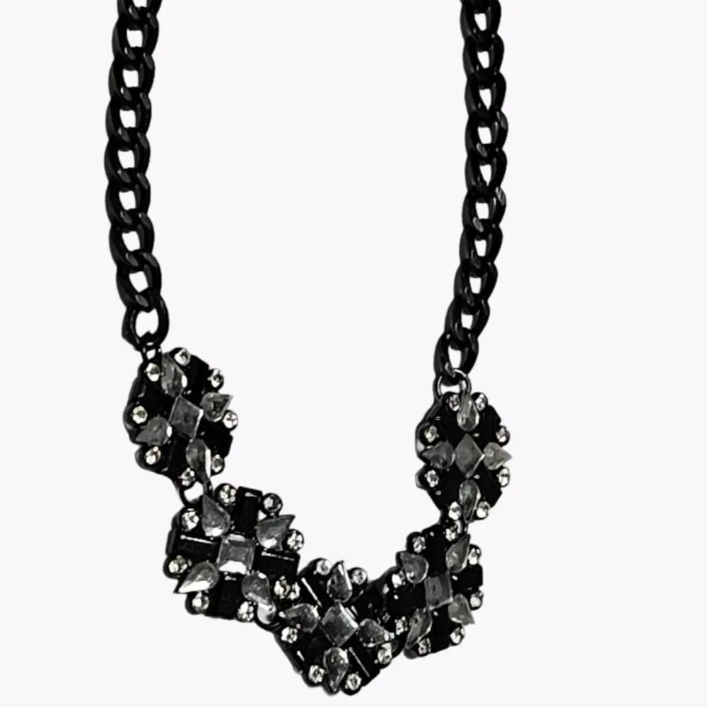 Elegant Floral Chunky Statement Necklace Black Gem Rhinestone Fashion Jewelry
